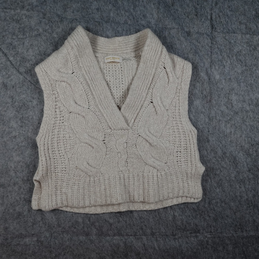 Ramy Brook Sweater Vest Womens Extra Small Cream Virgin Wool Cable Knit VNeck